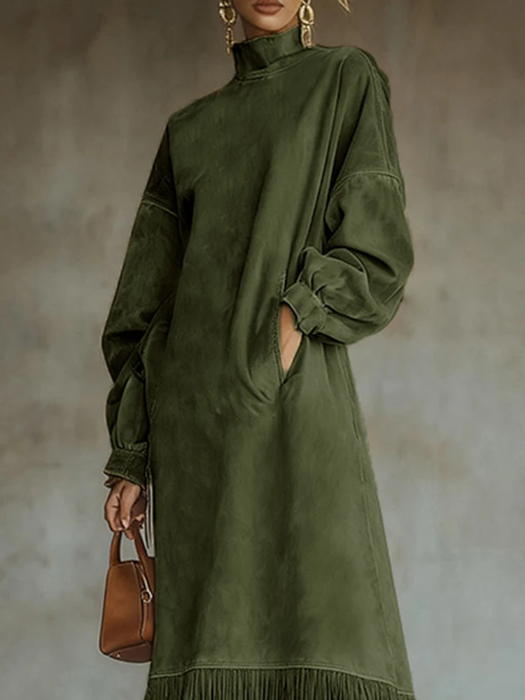 Vestido feminino cintura alta bolso borla bainha vintage imita camurça cor sólida vestido de viagem elegante gola alta solto vestido linha a