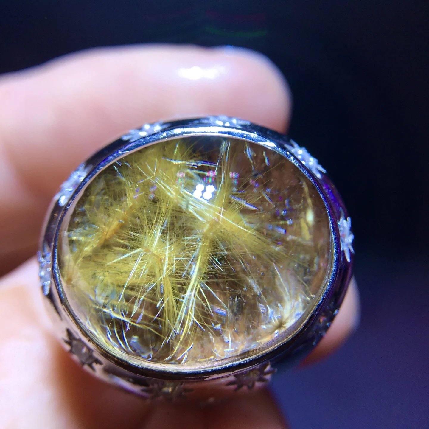 

Natural Gold Rutilated Quartz Adjustable Ring Flower 925 Silver 16.8/14mm Rutilated Beads AAAAAA