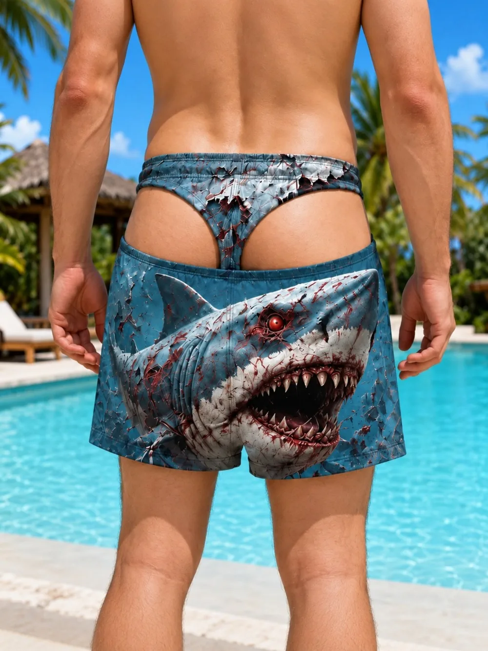Terrifying Zombie Shark Fake Thong 3D Print Men Summer Casual Breathable Quick-dry Hawaiian-style Seaside Beach Surfing Shorts