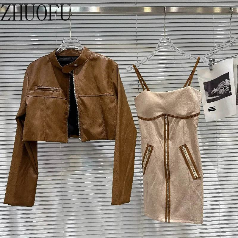 Retro-style Glossy PU Leather Women's Jackets 2026 Autumn New Sweet Cool Y2k Brown Velvet Sling Dresses Two-piece Suit Ladies
