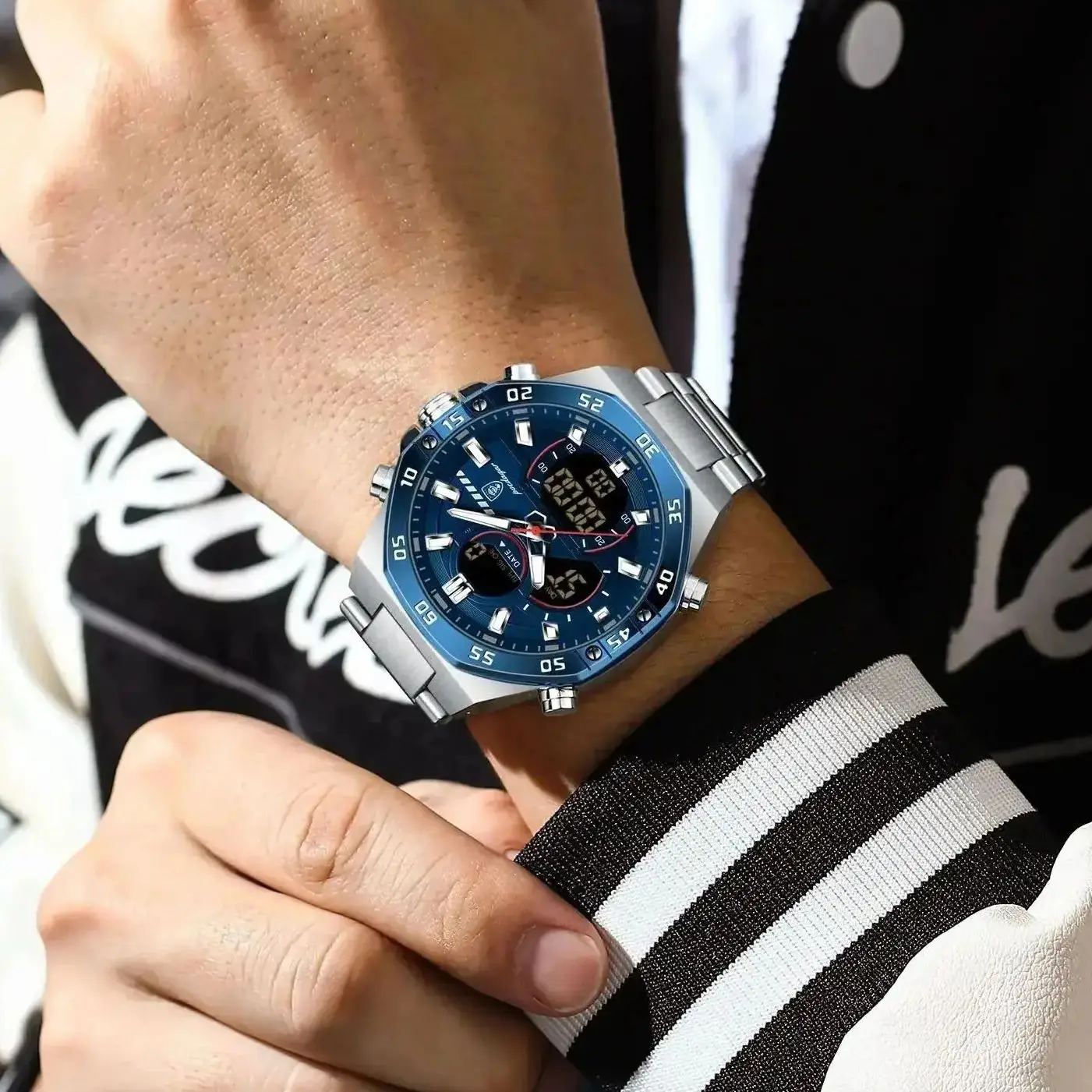 POEDAGAR أفضل رجل ساعة LED مضيئة مقاوم للماء تاريخ الأسبوع إنذار الرجال ساعة الفولاذ المقاوم للصدأ الكوارتز أنيق الساعات الإلكترونية للرجال