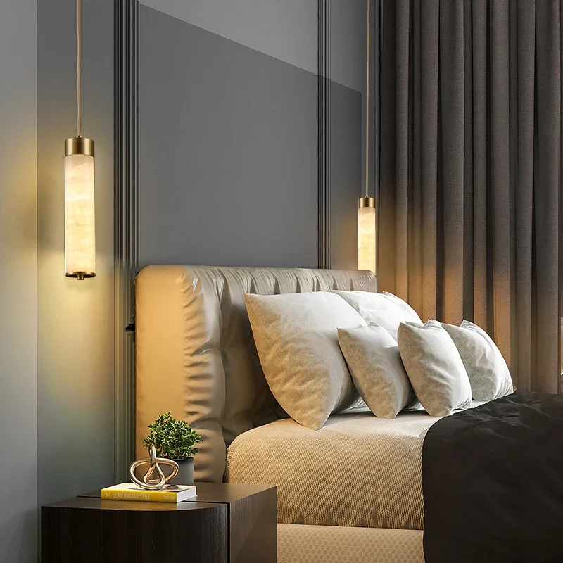 Modern Natural Marble LED Pendant Lights Brass Bedside Bar Dining Room Kitchen Hanglamp Gold  Nordic Lamp Cord Adjustable
