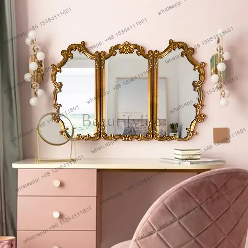 YJ French Triple Folding Mirror Vintage Fireplace Decor European Vanity Mirror for Bedroom Bathroom Desk