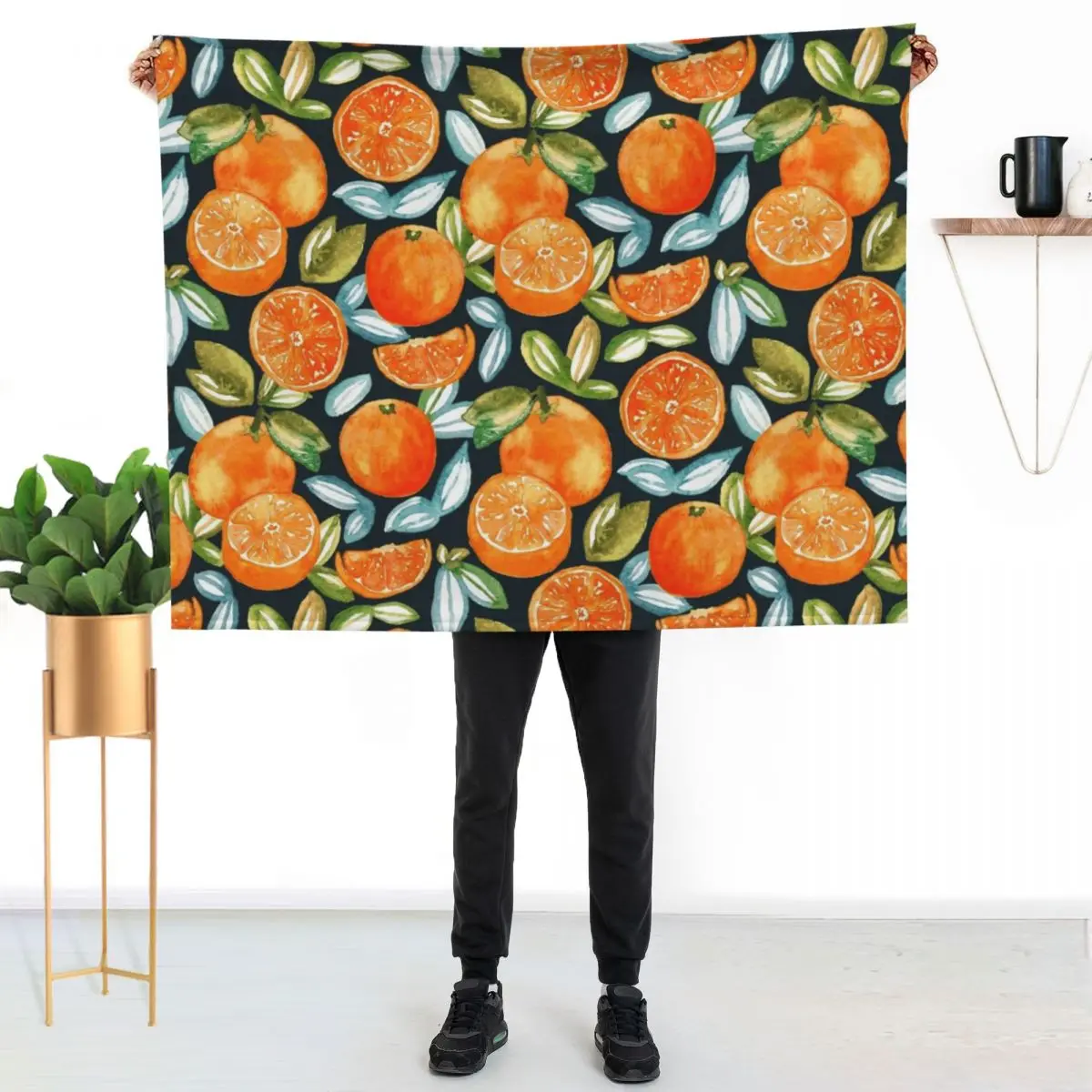 

Oranges On Navy Throw Blanket Warm Napping Blanket for Office Couch Bed