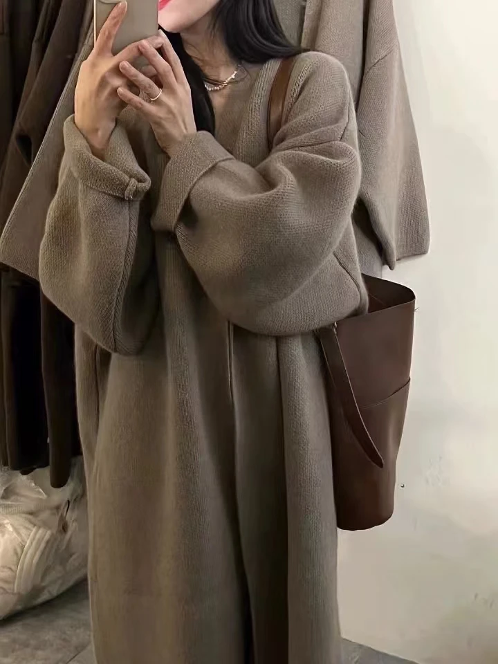 

Gray Lazy Style Medium Length Knitted Open Shirt Women Autumn Winter Thickened Over Knee Wool Coat Large Coat