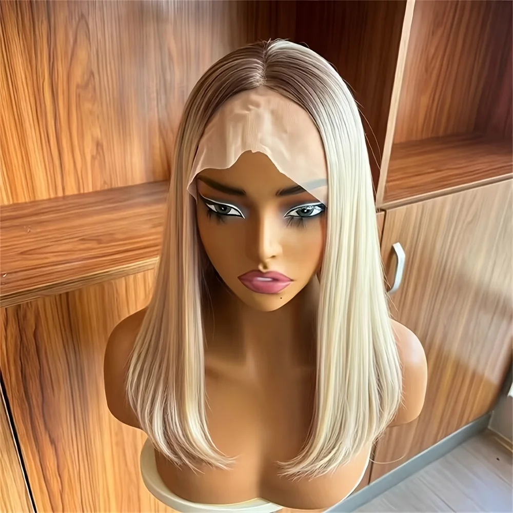 New In Ombre Creamy Blonde Wig Synthetic Fibre Mixed Human Hair Wig 150% Density High Temperature Fiber Wig Short Straight Bob