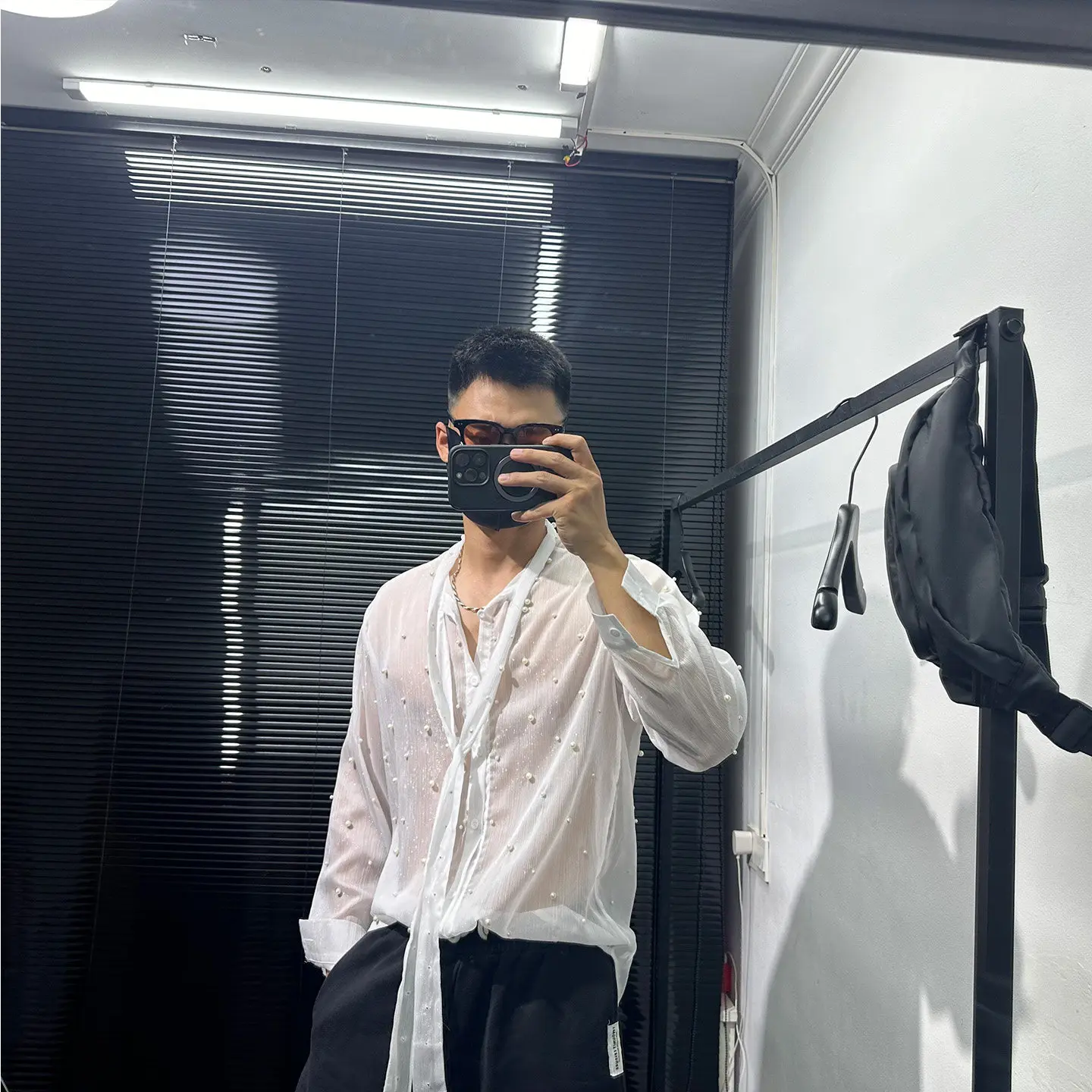 Pu Shuai Hollow-out Heavy Industry Beads Design Long-Sleeved Shirt Men's Summer Avant-Garde Loose Leisure All-Matching