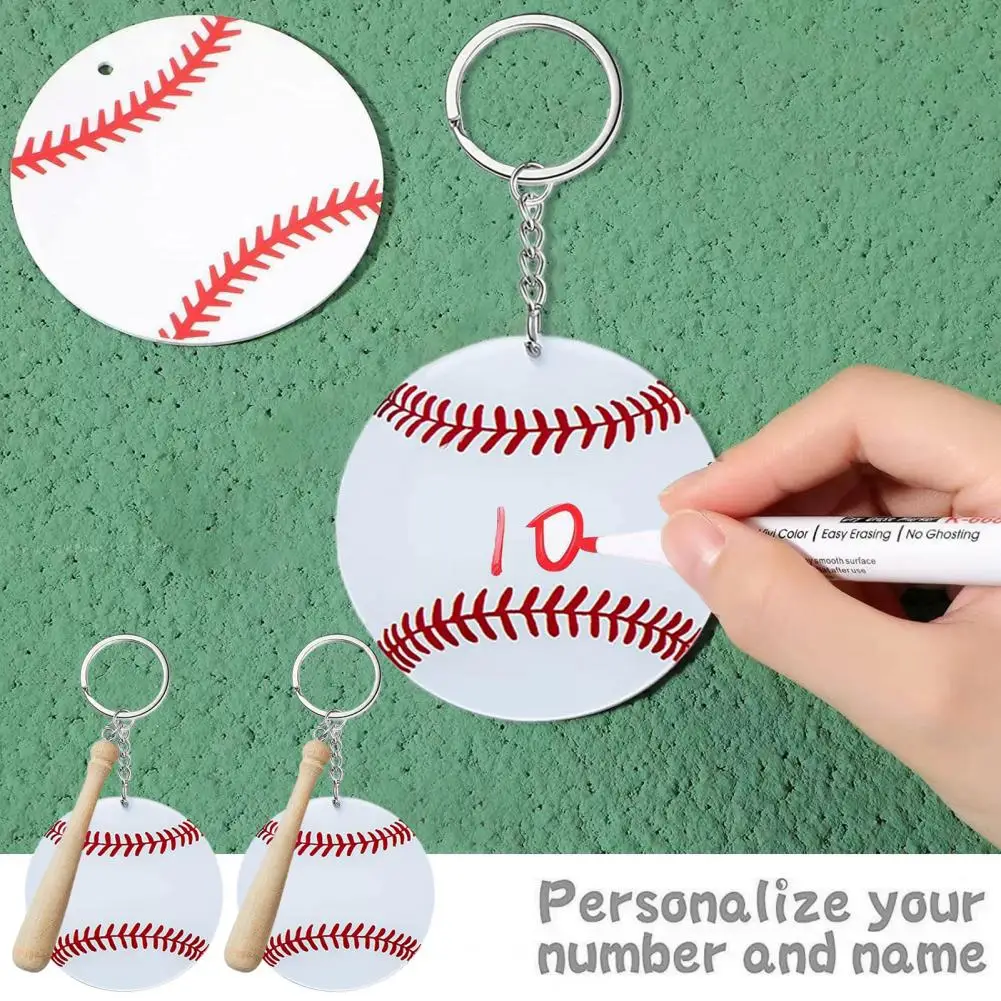 18 Set Key Chain Double sided DIY Baseball Wooden Stick Metal Chain Mini Athletes Rewards Baseball Softball Acrylic Keychain Kit