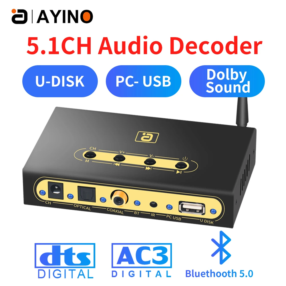 

Decoder 5.1 with Bluetooth Receiver For Laptop/Headphone DAC Audio Converter DTS AC3 MP3&USB For TV&Amplifier&Speaker&KTV Player