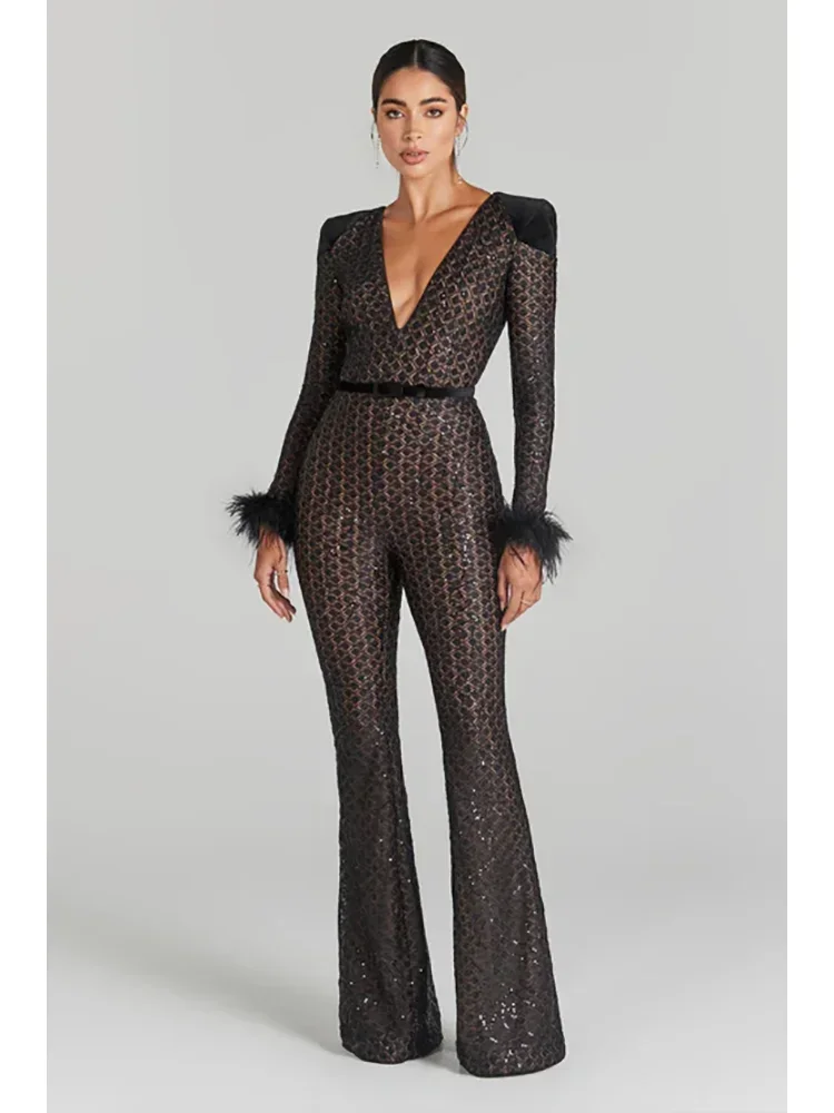 Sexy V Neck Long Sleeve Feathers Lace Jumpsuit Women Black Sequins With Belt Flare Jumpsuit Elegant Evening Party Jumpsuit