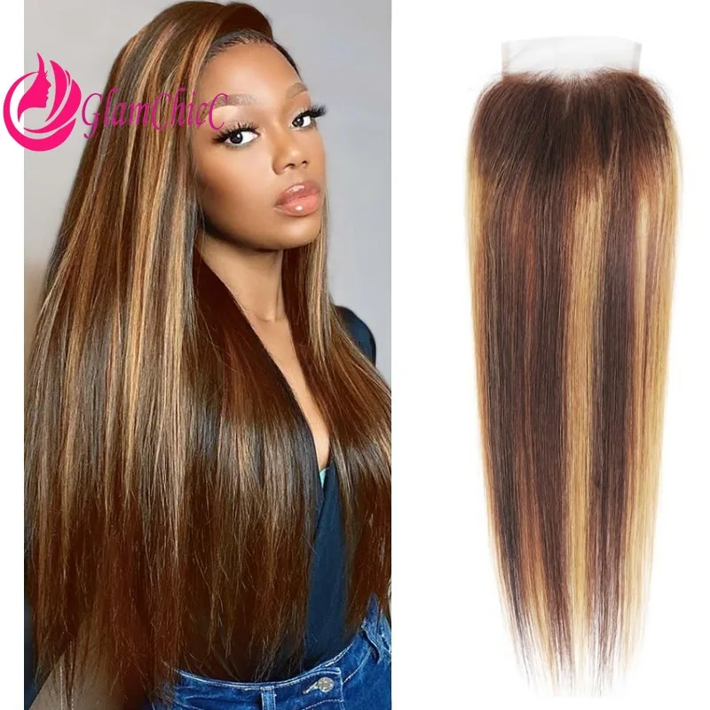 Cabelo humano premium 4x4 fechamento de renda destaca cor marrom chocolate para loiro caramelo cabelo remy com linha fina natural parte livre