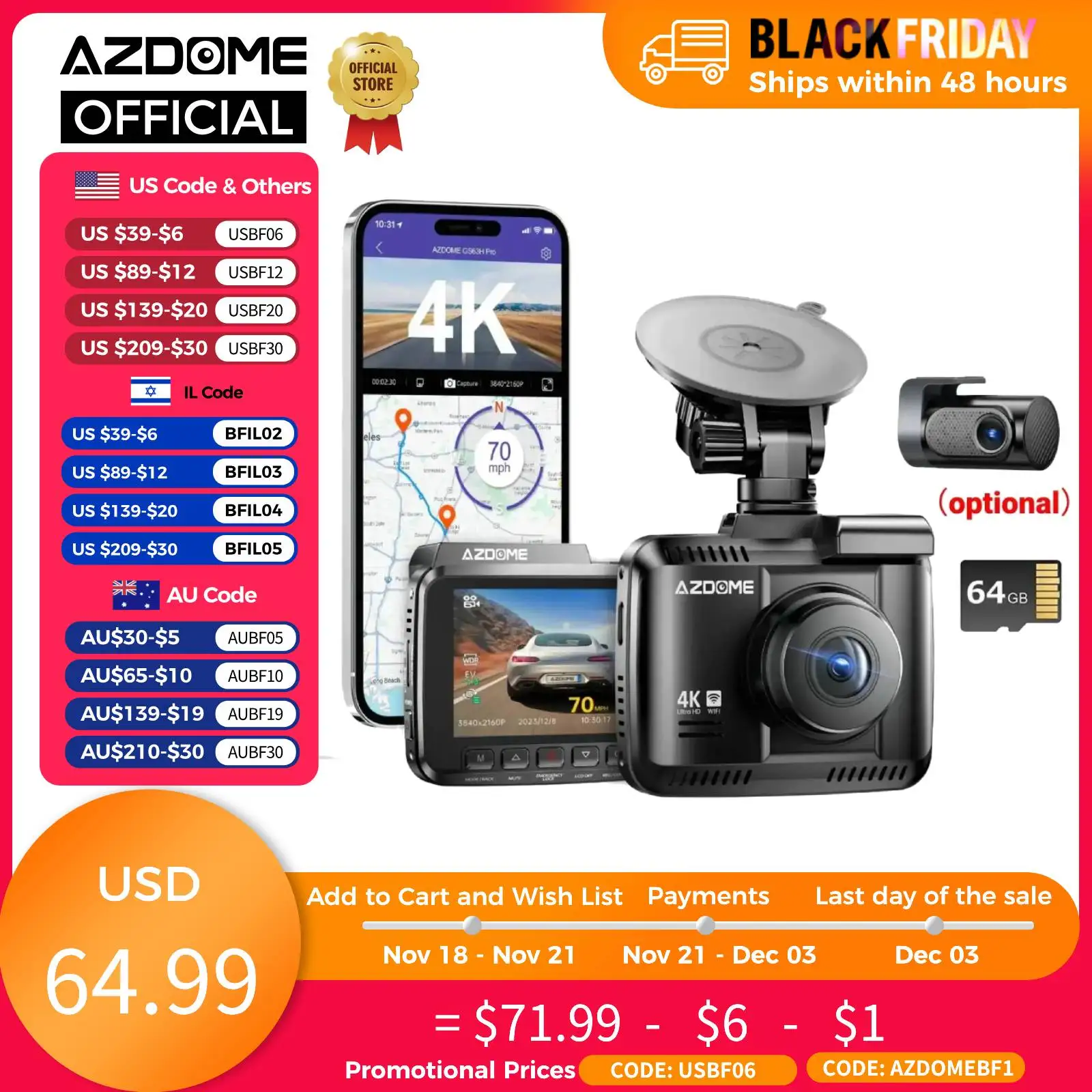 AZDOME Dash Cam GS63H Pro 4K 1080P Dual-channel Camera for Car Built-in GPS WIFI Car DVR 24H Parking Monitor Black Box داش كام