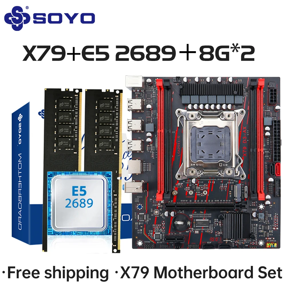

X79 Игровая материнская плата LGA 2011 Набор с процессором E5 2689 16G【8G*2】DDR3 ECC RAM Память M.2 NAME Компьютерные компоненты Материнская плата SOYO