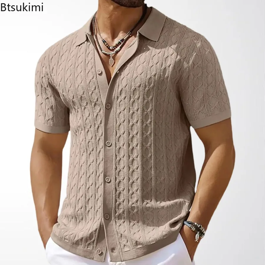 Camisas casuais listradas masculinas, camisa de malha vintage, retalhos respirável britânico, manga curta, polo jacquard empresarial, verão, 2024