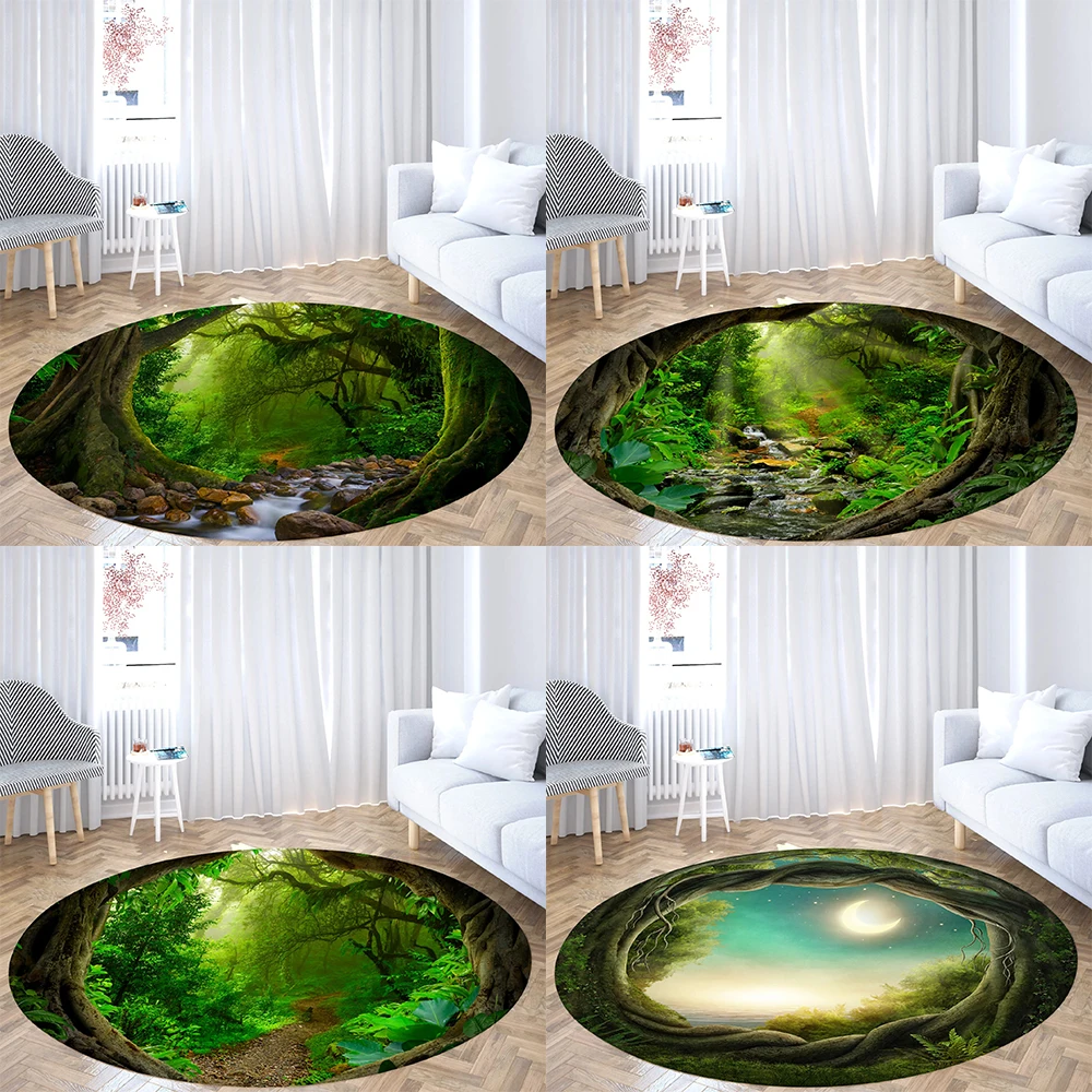 

Bedroom living room entrance door mat carpet green tree hole pattern round mat home decoration bathroom absorbent floor mat