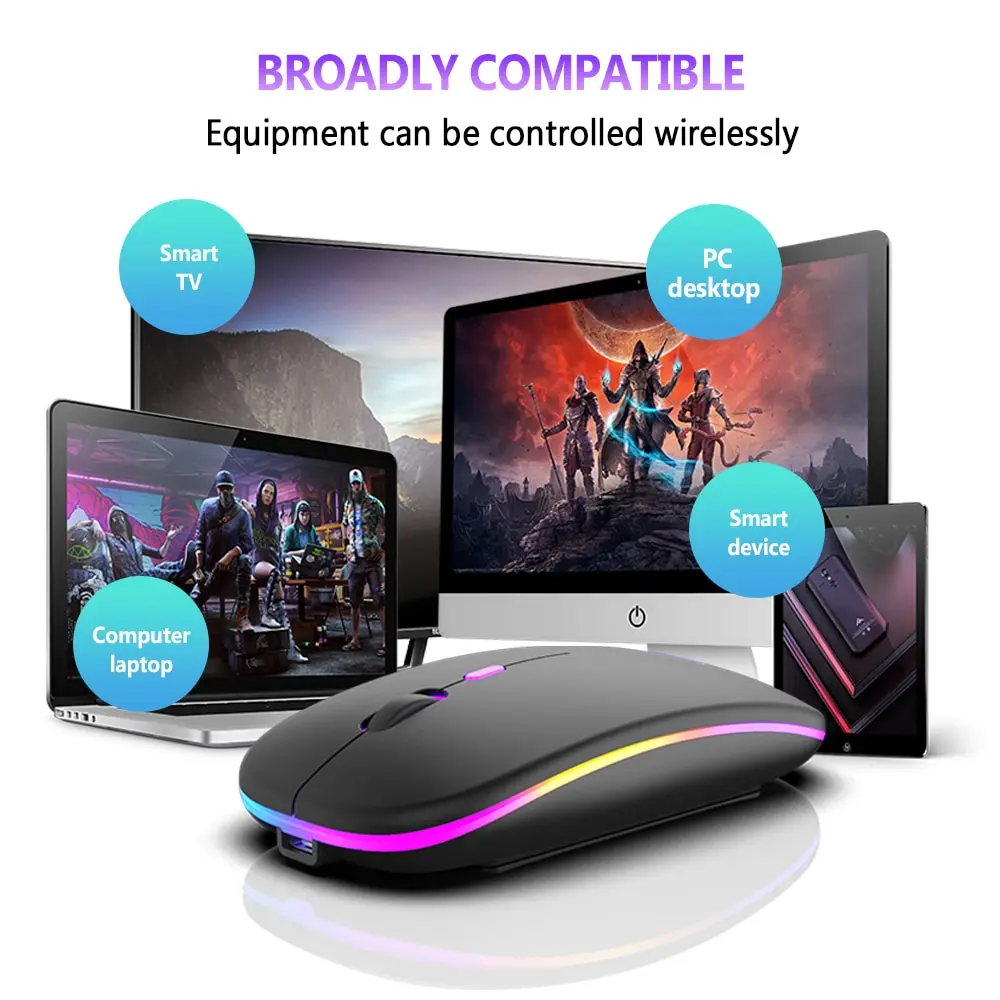 Mouse sem fio Bluetooth e 2.4GHz Dual Modos Recarregável RGB Ergonômico Silent Click para PC iPad Laptop Cell Phone TV