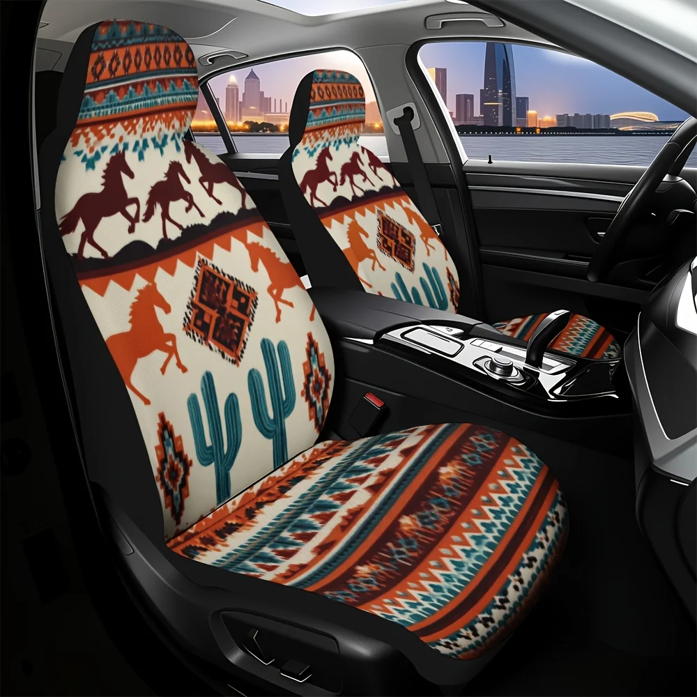 2pcs Aztec Print Car Seat Covers - Vibrant Cactus & Horse Design, Durable Polyester, Machine Washable, Fit For Most Cars, Unique