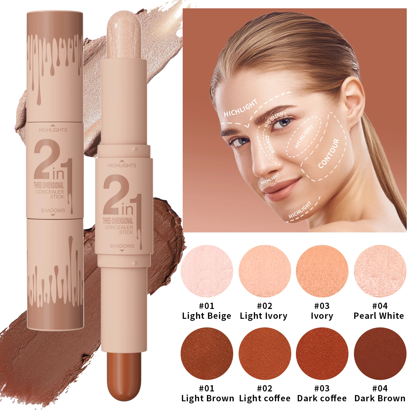 Double-ended dual-purpose high-light trimming stick, three-dimensional contour, nose shadow, facial shape, brighten and trimming