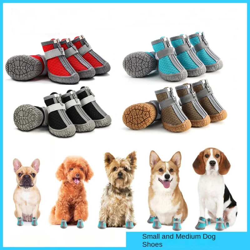 

4 PCS fashion comfortable breathable anti-slip adjustable reflective dust-proof Dog shoes for small and medium-sized dogs
