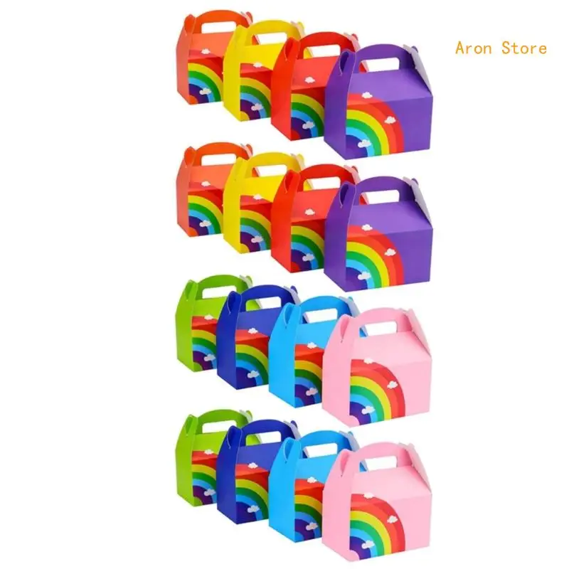 Pack of 16 Elegant Rainbows Candy Box Recyclable Cardboard Box with Handle Colorful Treat Box for Birthdays and Weddings H3CF