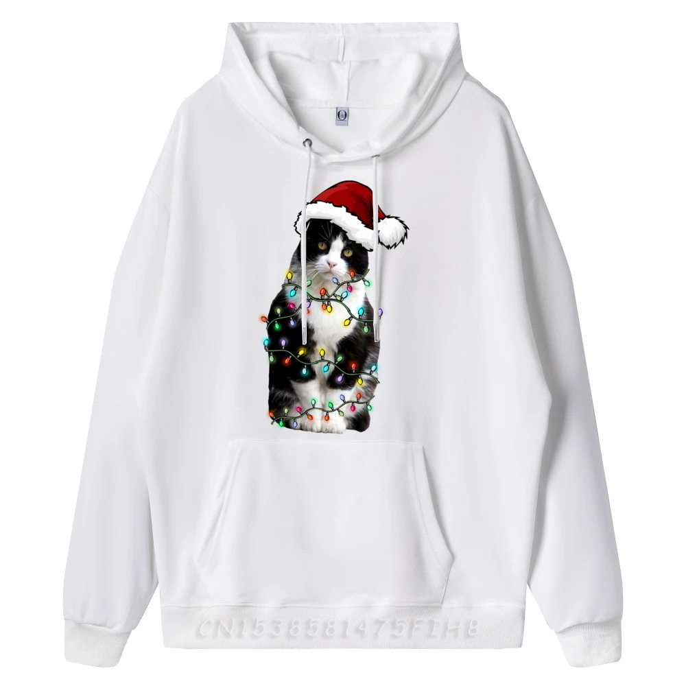 Cute Tuxedo Black Cat Christmas Light Cat Christmas Pajama Graphic Shirts Men Oversized Hoodies Men