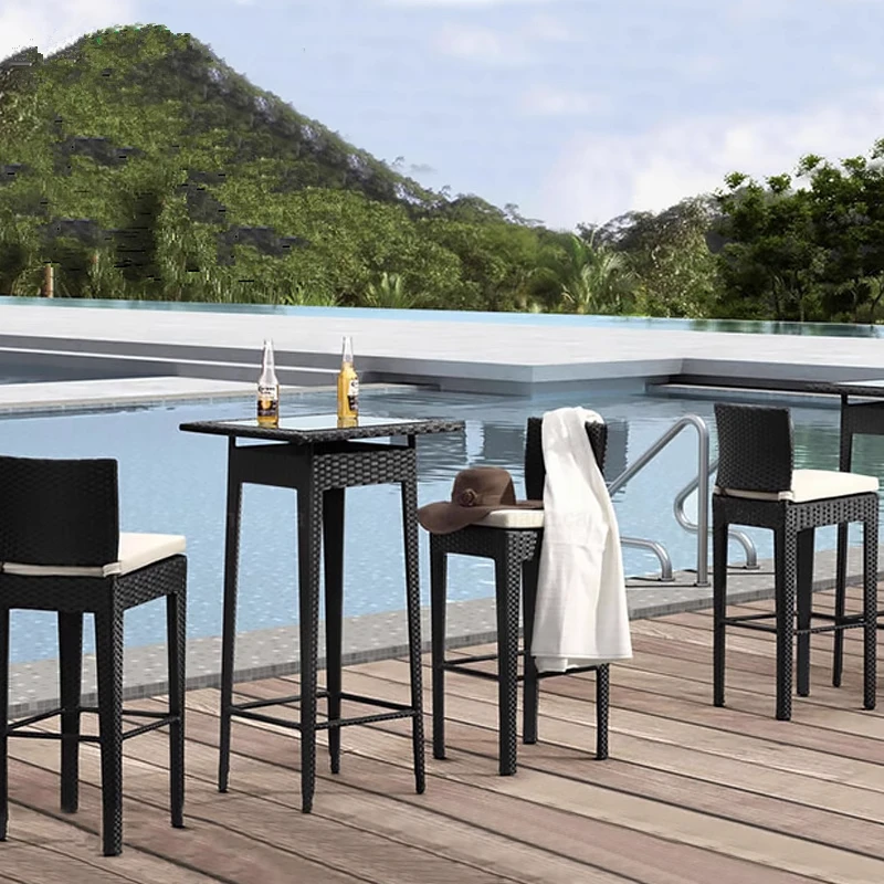 ！@Modern Design Outdoor Three-Piece Rattan Square Cushion Back Chair Set High Bar Table Front Desk Leisure High Bar Furniture