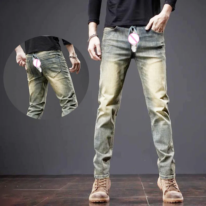 2023 New Autumn Winter Men\'s Jeans Open Crotch Outdoor Sex Vintage Elastic Classic Jeans Men Slim Fashion Denim Trousers Male