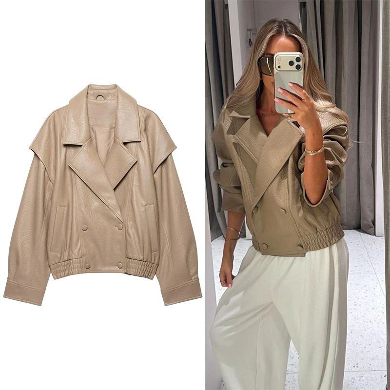 Women Leather Effect Bomber Jacket Stand Collar Zip Up Short Sleeve Ribbed Cuff Loose Fit Outerwear Autumn Winter Fashion