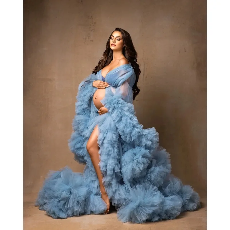 Puffy Ruffled Tulle Maternity Dress Women Robes for Photoshoot baby shower платье для беременных  فساتين حوامل  платье вечернее