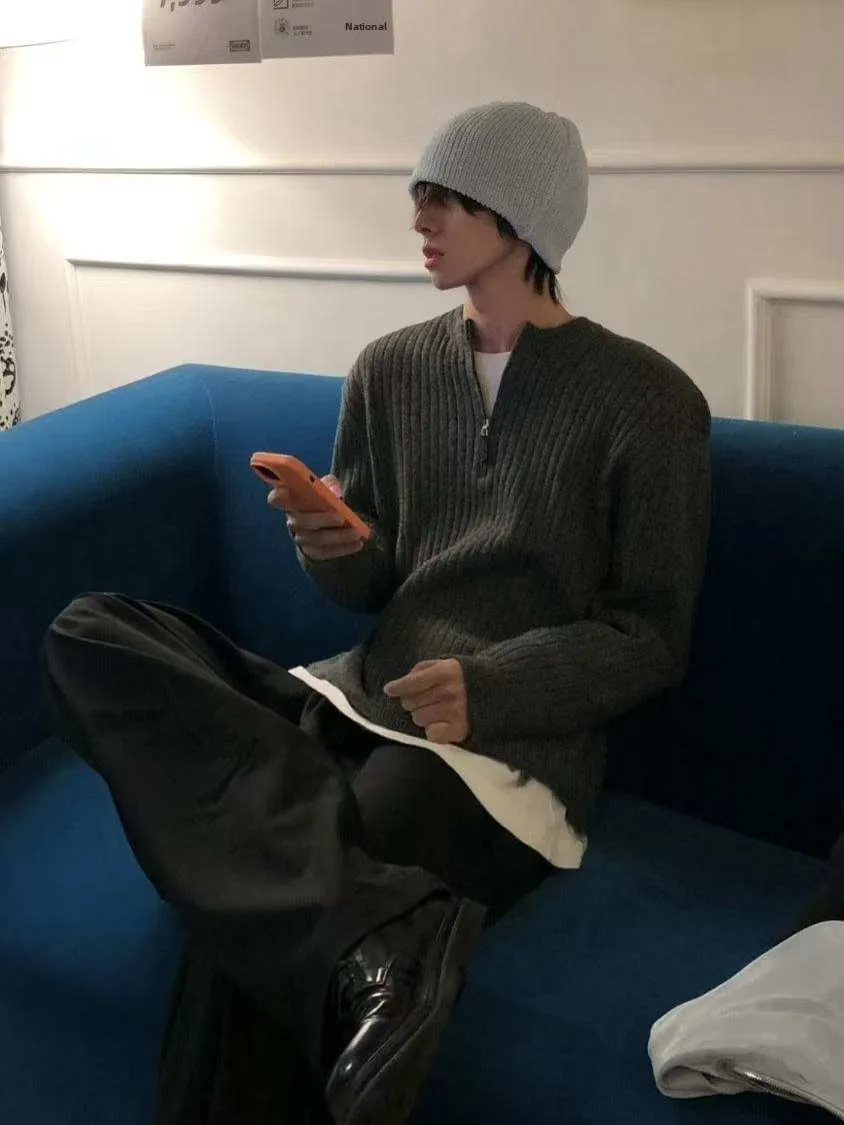 

Men's Winter Knitted Sweater f Zip Soft Cozy Henry Collar Inner irt Casual Loose Fit Long Sve V Ne Warm Polyester