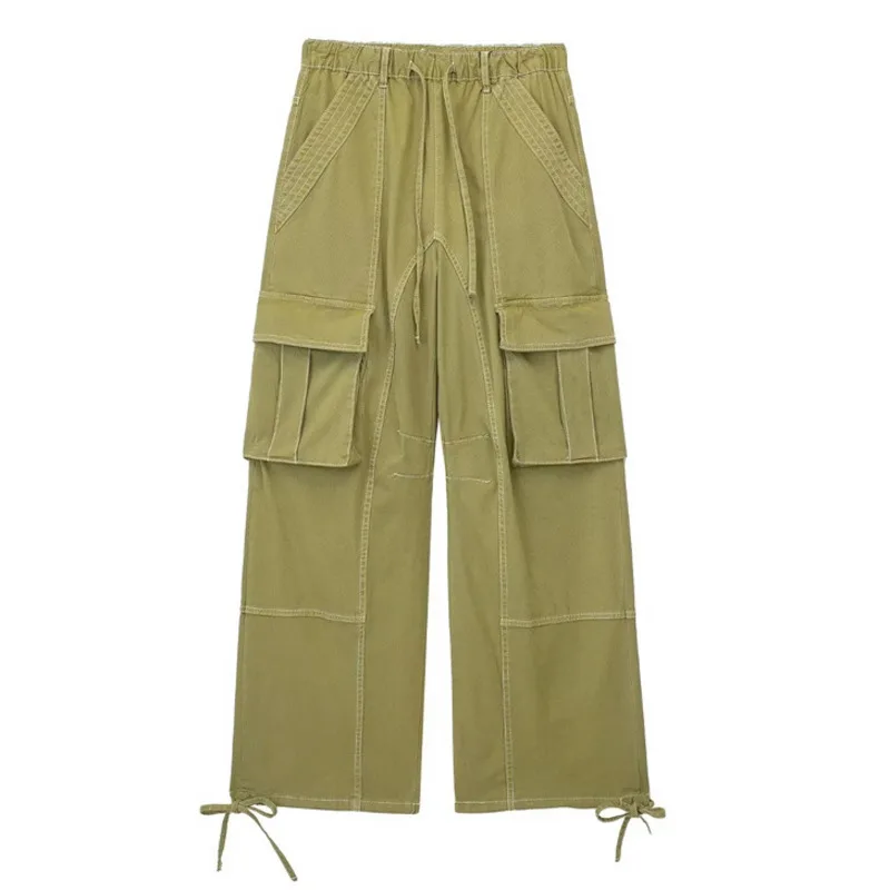 

Y2k Fashion Cargo Pants With Side Pockets For Women 2023 Green High Waist Trousers Female Summer Wide Leg Parachute Pants Woman