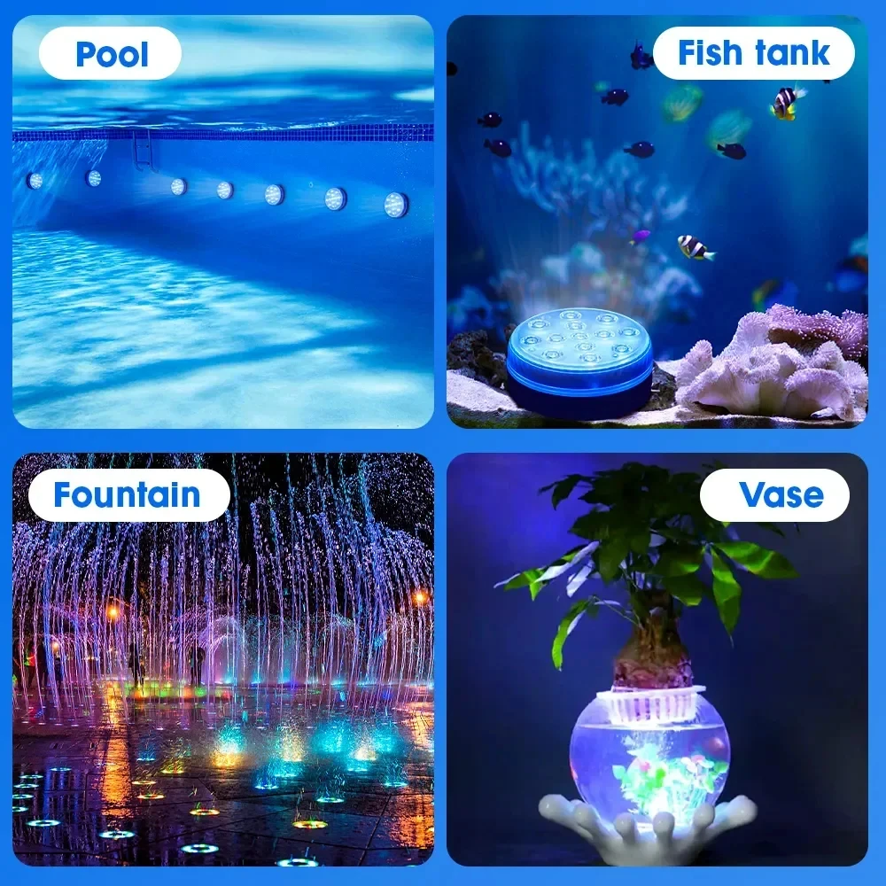 Submersible 13LEDs Lights Waterproof Underwater RGB with Remote Control Colour-Changing Light, Battery-Operated Flameless Lamps