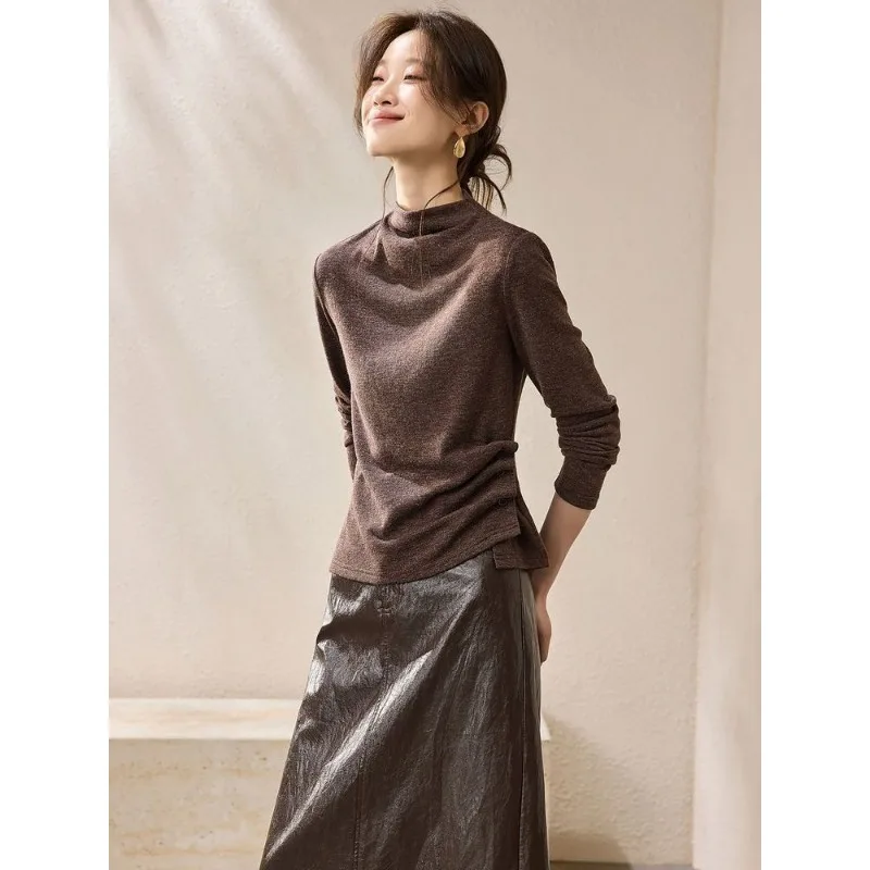 Women Mock Neck Long Sleeve T Shirt Soft Cloud Fabric Ruched Waist Slim Fit Casual Fall Base Top