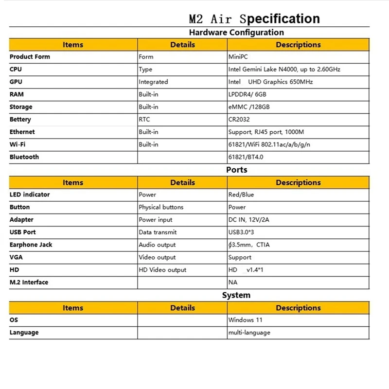 듀얼 밴드 와이파이 VGA 휴대용 미니 컴퓨터, M2 Air 미니 PC, N4000 CPU Win11, 6GB RAM, 128GB ROM, BT4.2