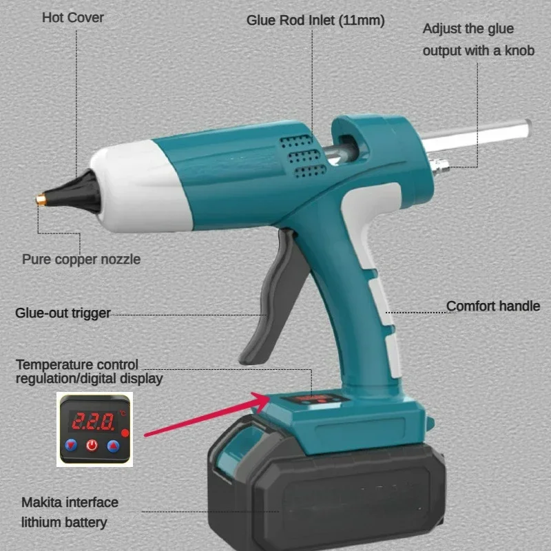 Imagem -04 - Pistola de Silicone Quente sem Fio 11 mm para Makita sem Bateria 100w Display Digital Saída de Cola Ajustável para Casa Faça Você Mesmo Pistola de Cola Elétrica