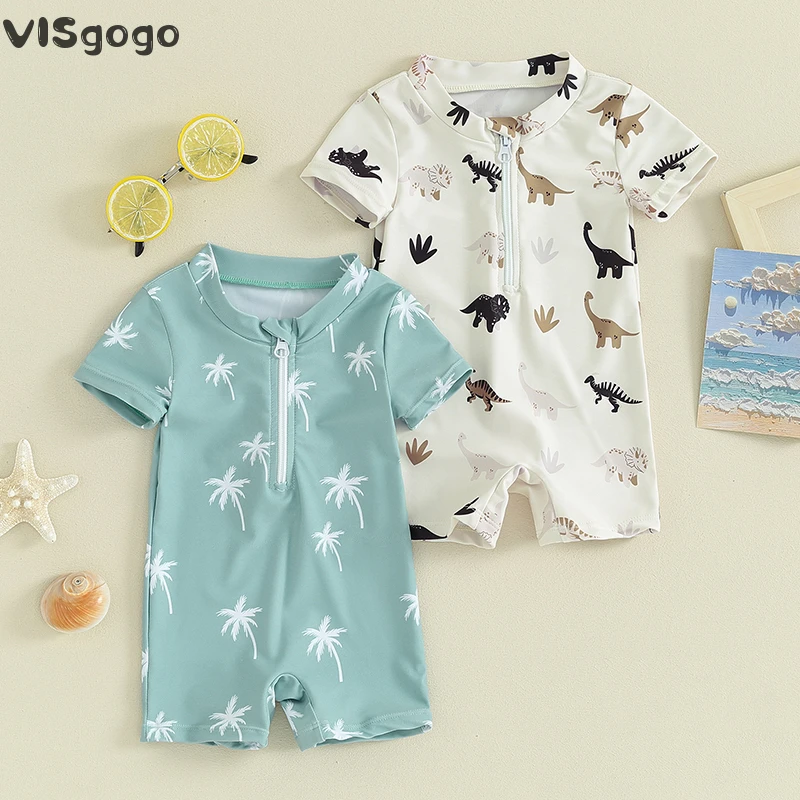 

VISgogo Kids Boys Summer Swimsuit Tree/Dinosaur Print Zipper Short Sleeve Jumpsuit Casual Swimwear Beachwear Bathing Clothes