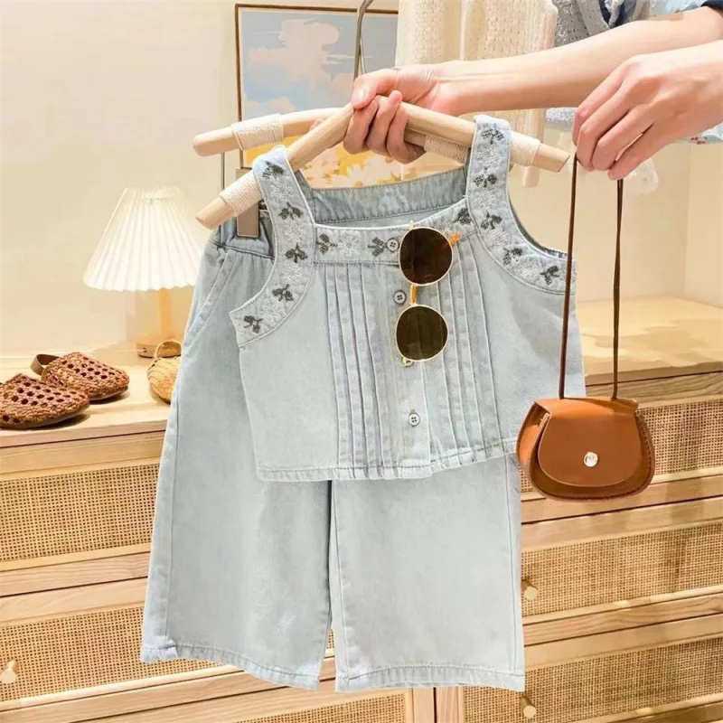 

Summer New Girls' Suit Online Red Western Style Girls' Summer Thin Denim Vest Wide Leg Pants Two-Piece SuitWS