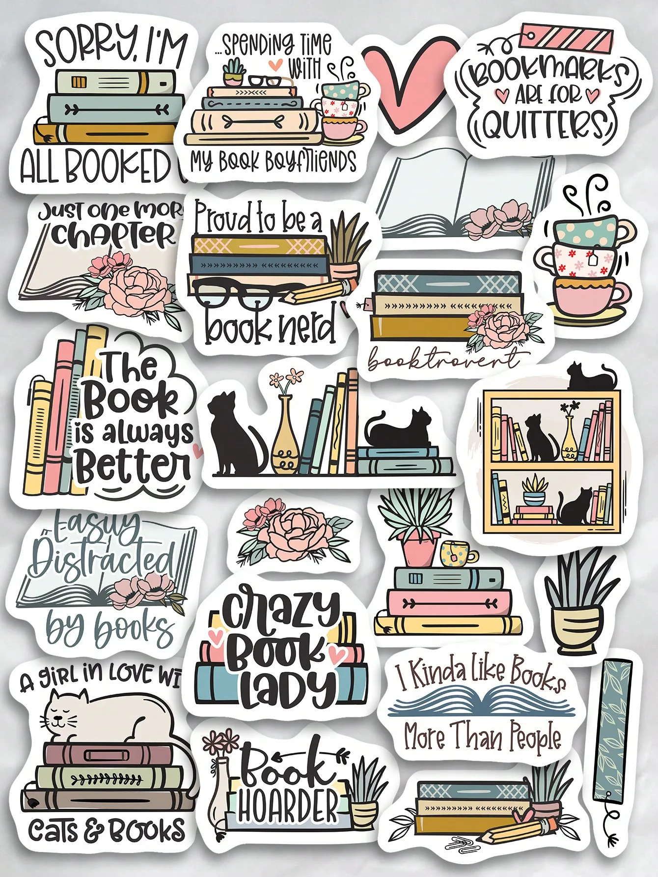 

Cartoon Book Cat Stickers – 2 Sets, 22 Designs, Cute Book Lover & Teacher Quotes for School