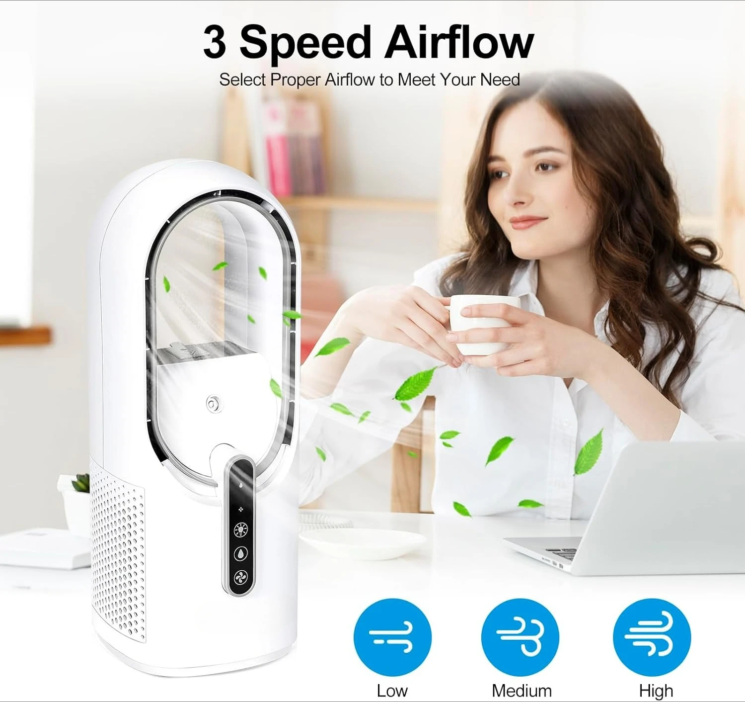 مروحة سطح المكتب المحمولة الخالية من الشفرة، مروحة شخصية لسطح المكتب مع 7 ألوان، ضوء محيط، 3 سرعات، مرطب كهربائي