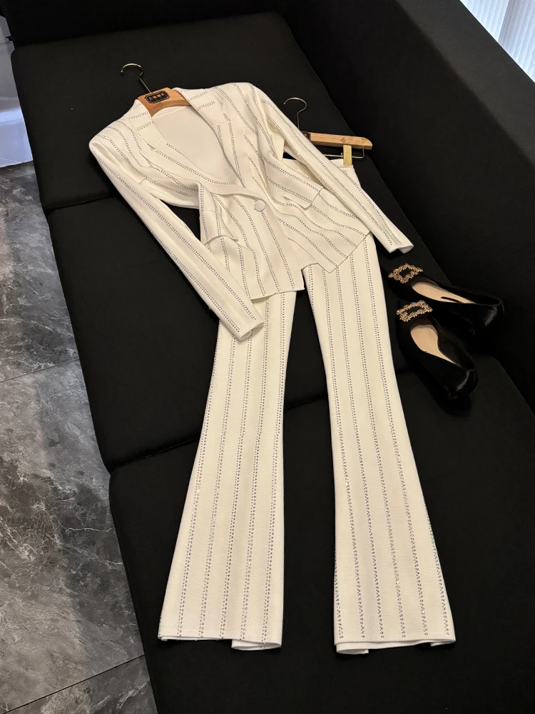 Heavy-Du Sequin Knitted Cardigan Top plus Long Pants Set Autumn Winter New Arrival Women's Faion K28