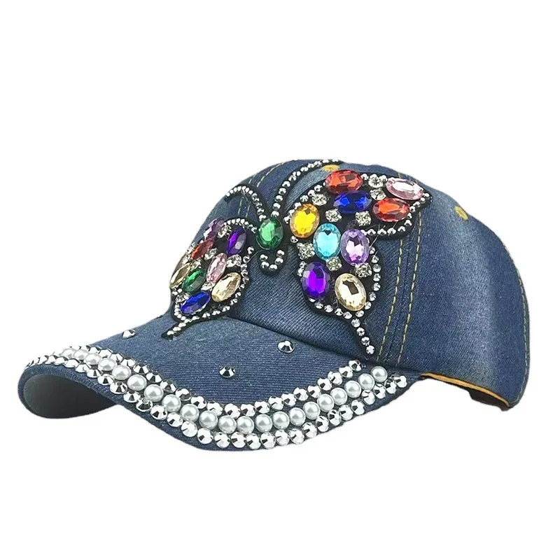 2024 Fashion Inlaid Drill Butterfly Cowboy Baseball Cap Shopping Holiday Street Hip-hop Rebound Cap Outdoor Sunscreen Sun Hat