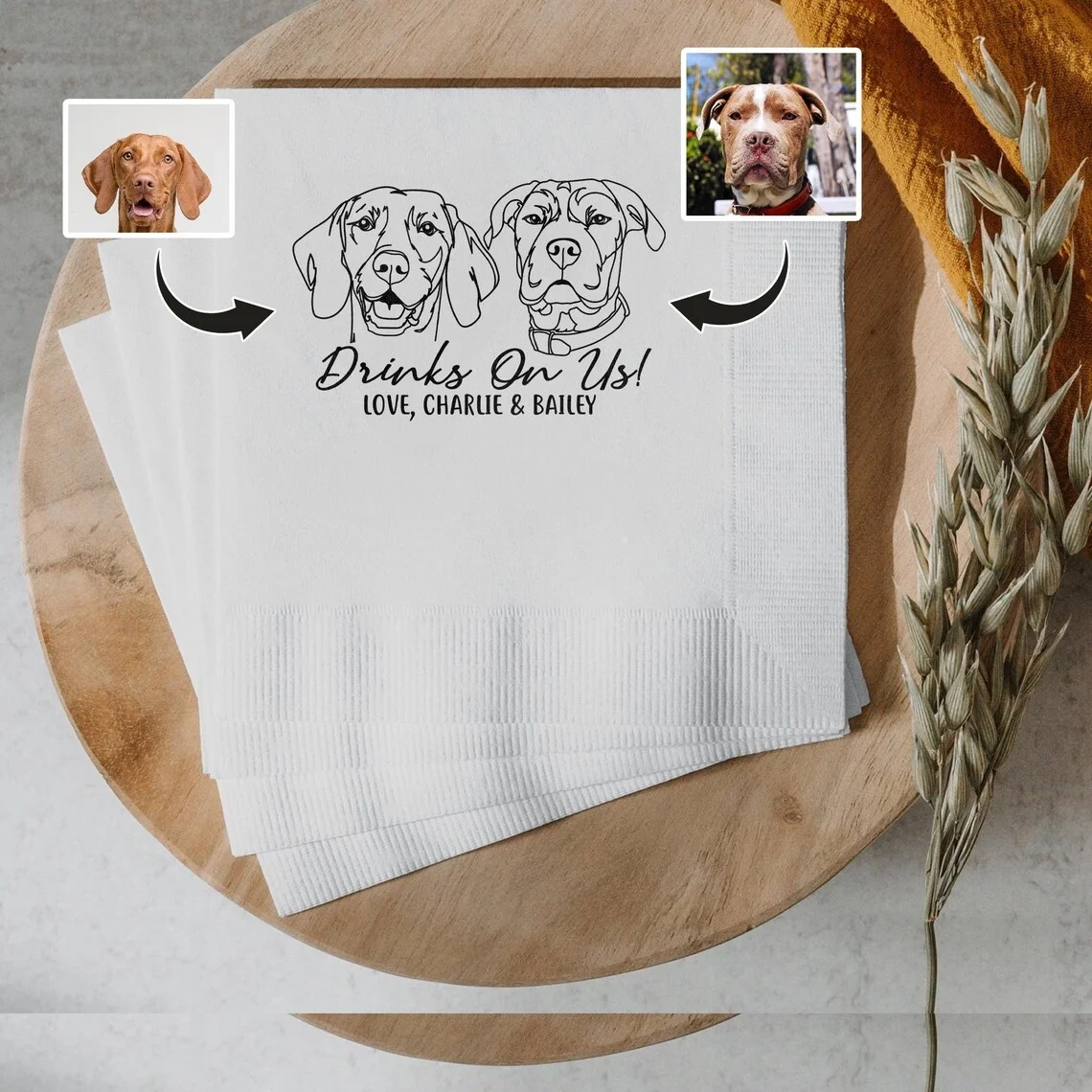 50pcs Custom Pet Portrait Wedding Napkins, drawing napkins, Personalized Cocktail from Photo Napkins, Custom Pet Napkins, Weddin