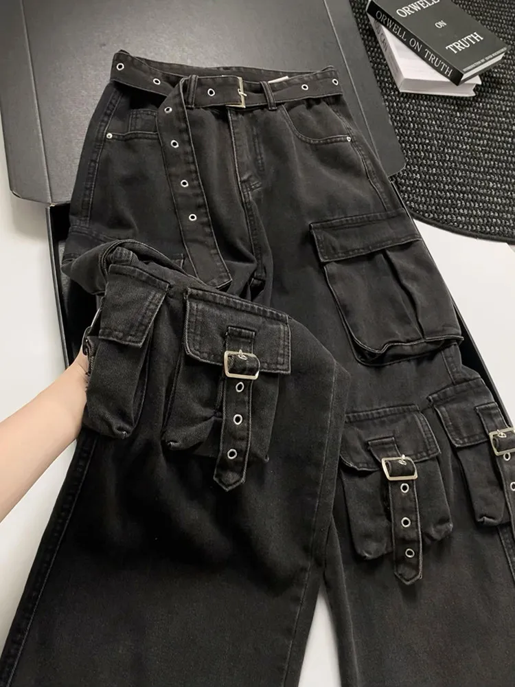 Street Style Workwear Denim Pants Multiple Pockets Washed Wide Leg Design Sensation  Handsome Trendy Casual Jeans