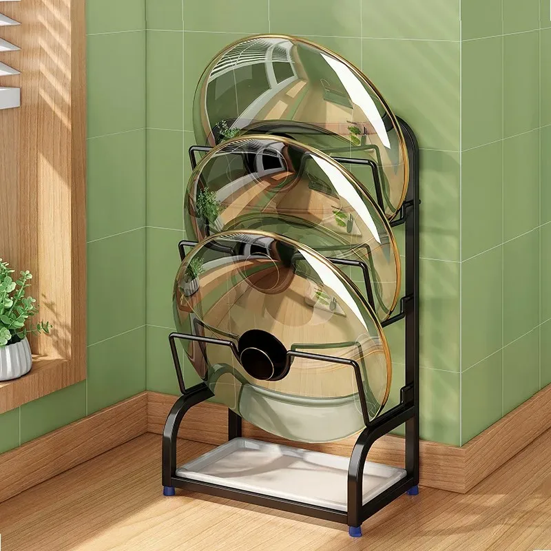 Hot Sale 3-Tier Kitchen Countertop Pot Lid Rack, No Drilling Bakeware Organizer Stand for Cutting Boards & Lids, Black