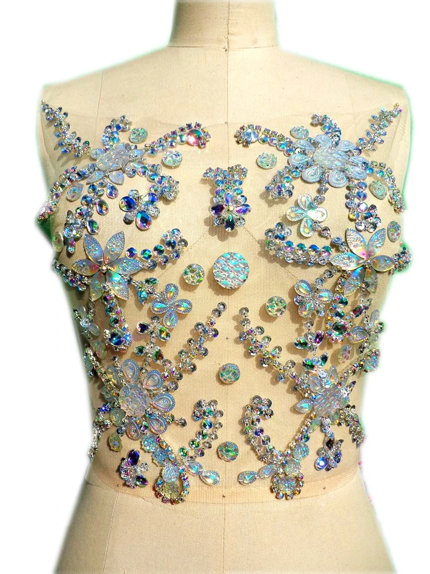 

ZBROH Handmade clear AB colour crystal patches sew on Rhinestones applique with stones sequins beads 30*30cm for dress