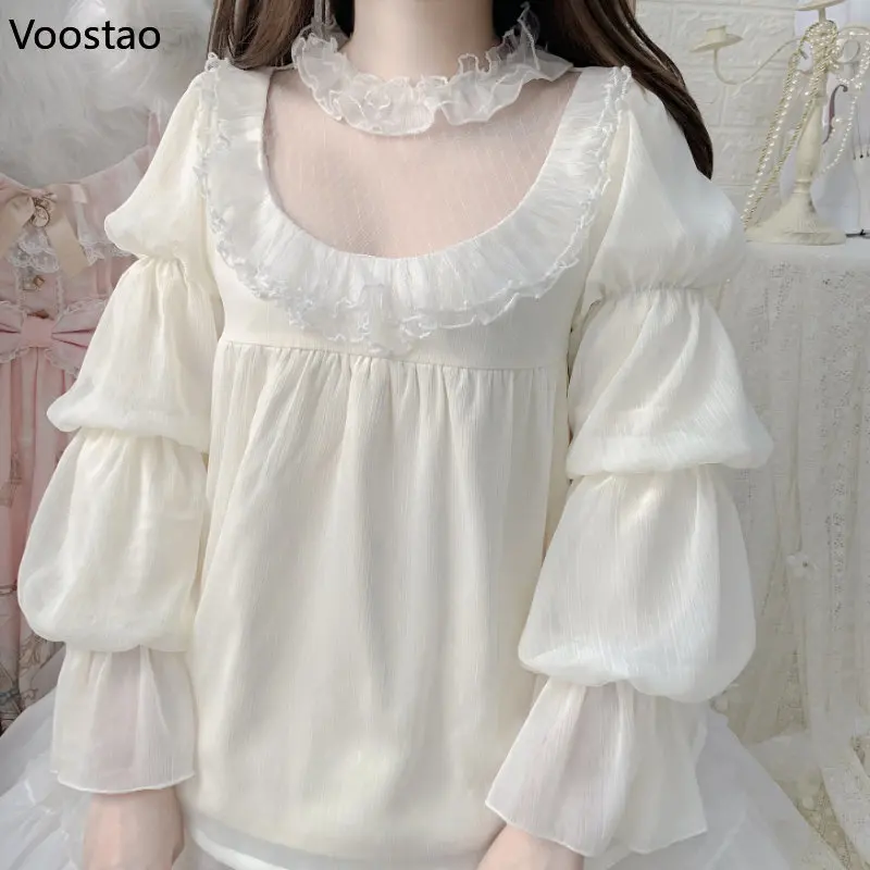 Elegant Vintage Lolita Blouses Women Sweet Cute Hollow Out Mesh Lace Ruffles Princess Shirts Female Gothic Loose Blouse Tops