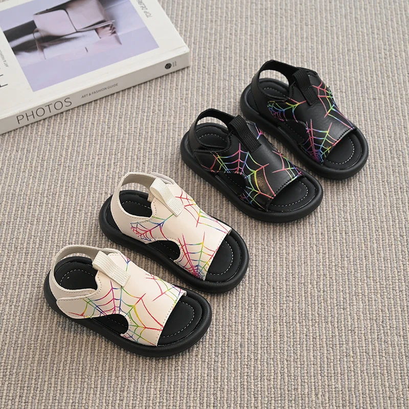 

Летние повседневные сандалии для мальчиков с открытым носком на липучке, удобная крутая детская обувь на плоской подошве, двухцветная нескользящая шикарная повседневная детская обувь, От 4 до 6 лет