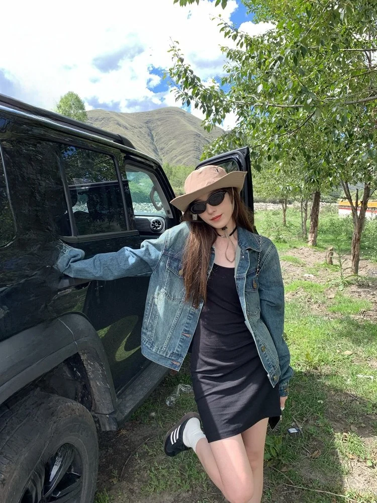 

Hhi Retro Distred Denim Jaet Women's Spring Autumn Loose Casual Long Sve Jaet Top Commute Sle Cotton Polyester ...