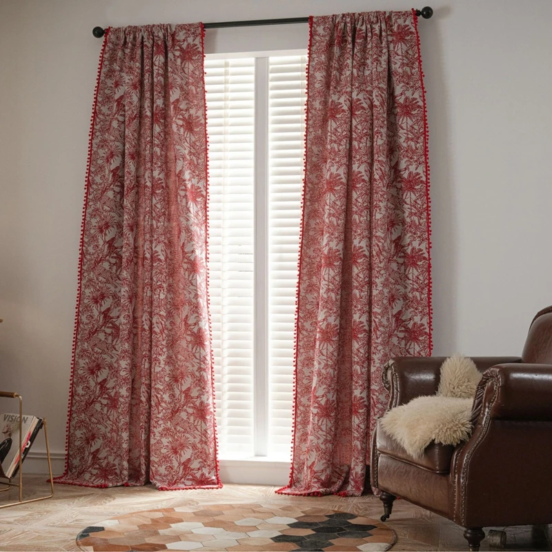 American Christmas Red Hairball Jacquard Curtains Bedroom Small Window Decorative Curtain Living Room Semi-blackout Valance