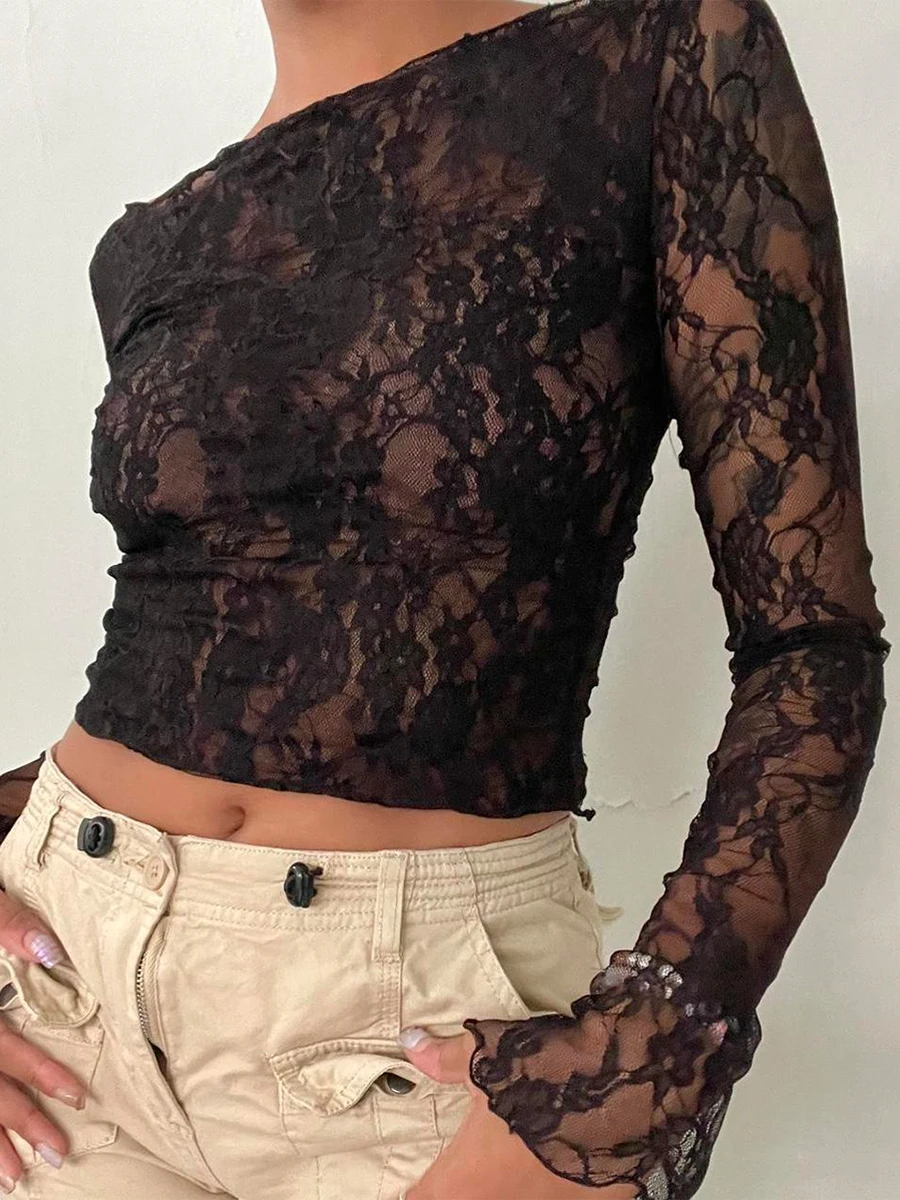 Y2k Floral Lace Going Out Crop Tops For Women Sexy Slim Fit Long Sleeve Shirt Mesh Sheer See Through Tee